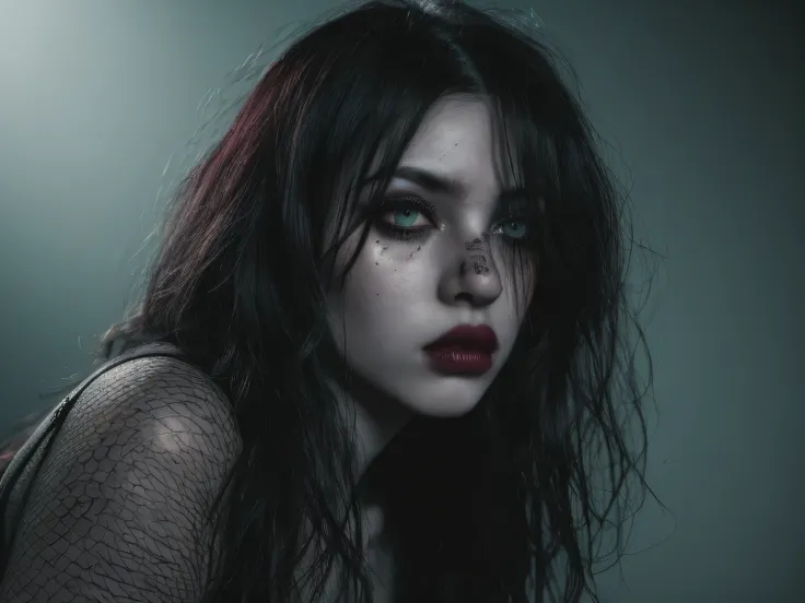 a rebellious girl, 1girl, beautiful detailed eyes, beautiful detailed lips, extremely detailed face, long eyelashes, messy hair, ripped fishnets, dark goth aesthetic, dark makeup, moody expression, dramatic lighting, dark brooding atmosphere, cinematic sty...