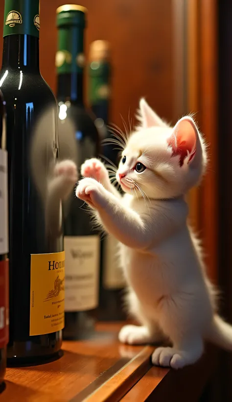 Low angle, slow motion: The camera captures a polished wood and glass showcase, with several wine bottles neatly arranged inside, reflecting the dim light. The small, white fluffy kitten with bright eyes stands on its hind legs, placing its tiny paws again...