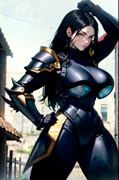 medieval villa (((all black armor))) (((all black armor))) (((all black armor))) (((all black armor))) solo girl black hair yellow eyes pale skin huge muscles large breasts thick