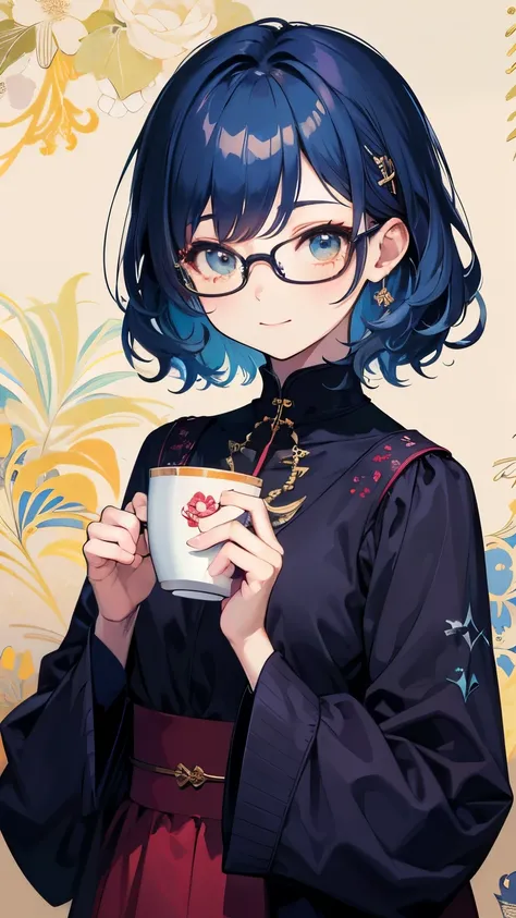 ((  highest quality)), (( Masterpiece)), (   Details),   wallpaper、Very   Details 、(((Very   Details な目と顔)))、 Masterpiece、 highest quality、 To   Details、Glasses、 Movement angle 、   bright color、smile、whole body、  face the audience offering tea。、  short hai...