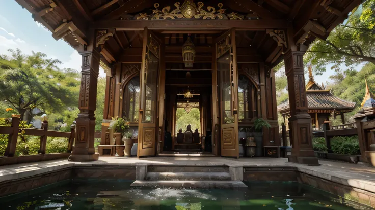 A traditional Thai golden temple, intricate architecture, lush greenery, rich cultural elements, vibrant colors, delicate carvings, tranquil atmosphere, detailed architecture, ornate design, shimmering gold, sunlight filtering through trees, ornamental det...