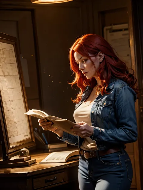 A red haired 55year-old woman, studying a star chart, filthy jeans, dramatic lighting