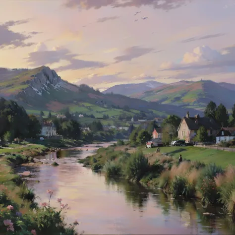 painting of a landscape with a river and mountains in the background, pink landscape, by Tom Scott RSA, pink grass, greig fraser, by Hamish MacDonald, rhys lee, artist - phil moss, by Sheila McClean, by Andrew Robertson, magenta colours, by Lee Loughridge,...