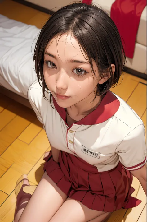   girl,   very short bob hair ,  Japanese High School Girl Uniform,  droopy eyes :1.5,  brown eyes, wonderful,   Masterpiece,   semen:1.6, Facial:1.5, How,  bukkake:1.5, From above