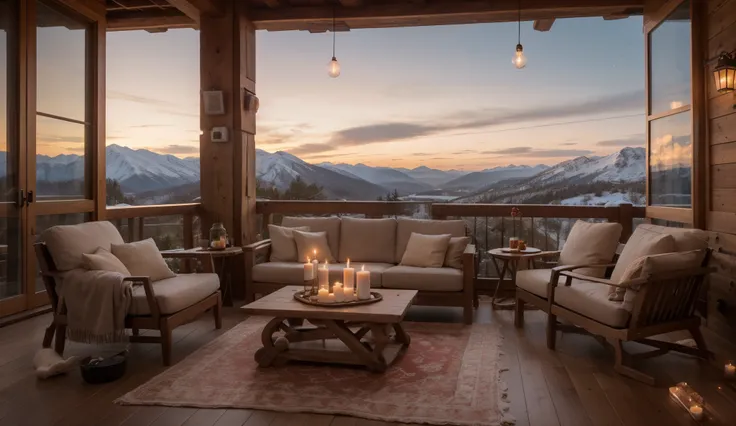 A stunning winter escape on a mountain-view terrace, blending rustic charm with modern elegance. The wooden deck features a cozy fireplace built from natural stone, casting a golden glow over the space. The seating is redesigned with sleek, modern caramel-...