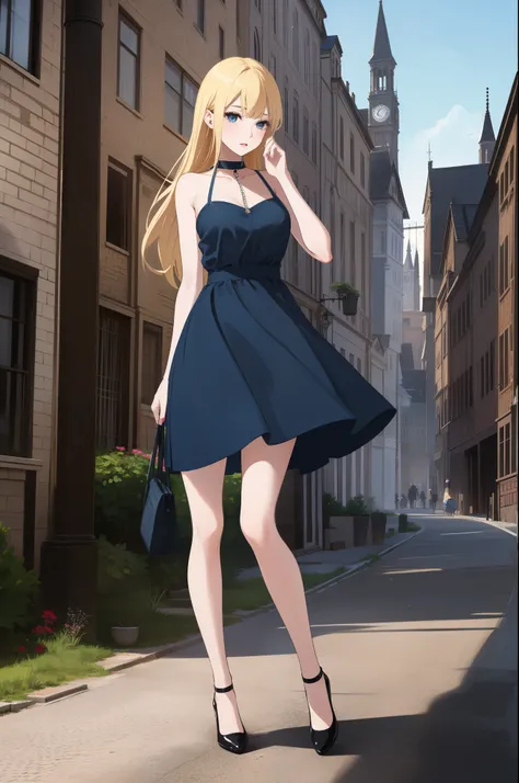 An extremely beautiful slim woman with blonde hair, big blue eyes, and extremely fair white skin. She's wearing a blue floral dress and brown flat heels. She's standing and a village in the background. Show full body.