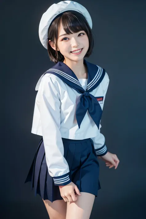 (( Masterpiece)), (( highest quality)), ( Portrait of a Cute Girl ), 、(((white sailor suit)))、(( long tight skirt that hides her knees 、 plain dark blue  ))、((  black loafers))、((Standing photo showing up to the knee))、 Cute high school student  、  laughin...