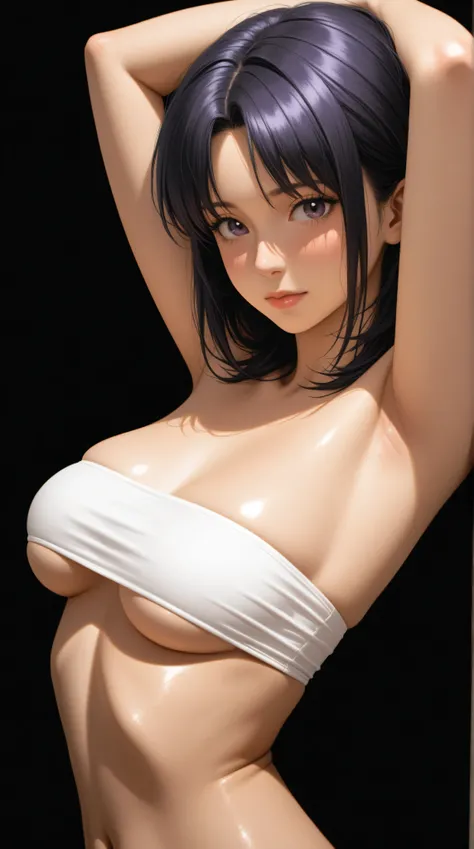 style retro classic, master piece:1.5、(minimal art, line drawing), cute girl . Very kawaii , round face . alone , Slim , medium breasts , short and small . shiny skin . Pure white tube top, underboob. upper body . dynamic angle . No background , black back...