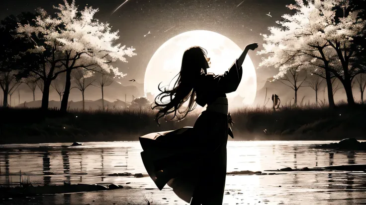 masterpicece, best quaility, night, prairie, dancer, girl, long hair, kimono,  dancing under the moonlight, Only silhouette visible, black and white drawing, dreamy atmosphere, fantasic