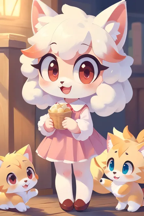 ((best quality)), ((masterpiece)),(cute) 1girl, furry sheep, light pink skin, Frizzy hair, White hair, Red eyes, large eyes, smiling, Kittens around, chibi body