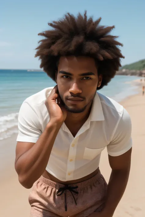 best quality, clear quality, high quality, very detailed face, detailed fingers ,detailed hands, detailed eyes, afro, man, 25 years old, brown-haired, wearing beach shorts and shirt, sexy posing, beach view