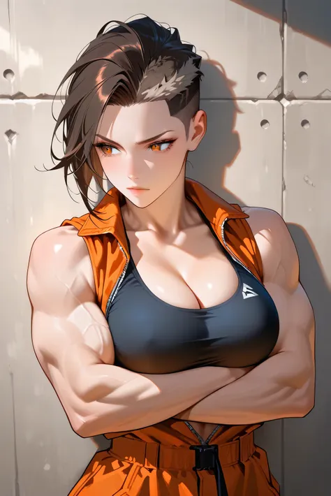 female prisoner, tattos, biceps, undercut, sports bra, orange jumpsuit, leaning against wall, crossed arms, pushing boobs, cleavage