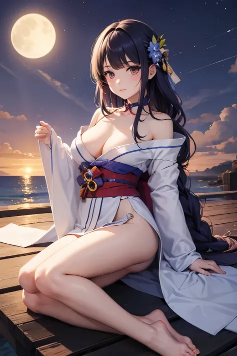  high image quality、Genuine、Valuable、 Artistic 、 mystical 、nice chest、 Beautiful Pretty Girl、 cute face、Pretty beautiful girl、Beautiful legs barefoot、Sit down、 sexy kimono、 Sun Moon Theology