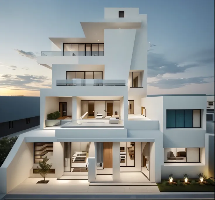 Building design, quality render, night light, blue sky and white cloud, people, cars
