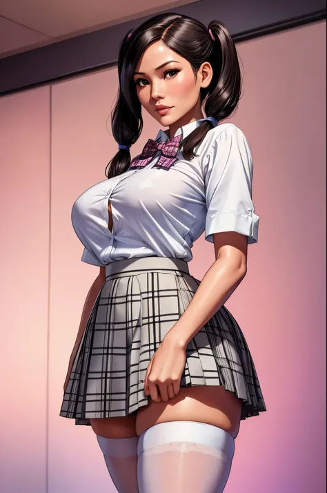 1girl, Lucy Liu, Eiza González, Amandla Stenberg, 1960-pinup, short plaid skirt, long white stockings, pigtails, button-down shirt, bowtie, school girl cosplay, 25 year old woman, yuriko omega, massive psychic powers