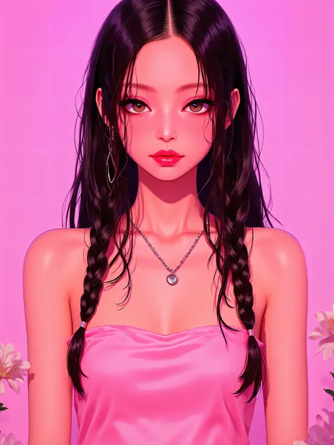 jennie kim, a pink girl with 1,60 tall, black braids in hair and a normal body Braids all over hair ,as if they had been placed But they are loose not attached