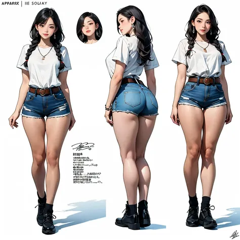 same character reference sheet,masterpiece,Ultra-detailed,(photo-realistic,hyper-realism),16years old,(A very pretty Japanese girl standing straight),arms at sides,straight-on,wide stance,facing forward,(very short stature),wide face,round jaw,Very droopy ...