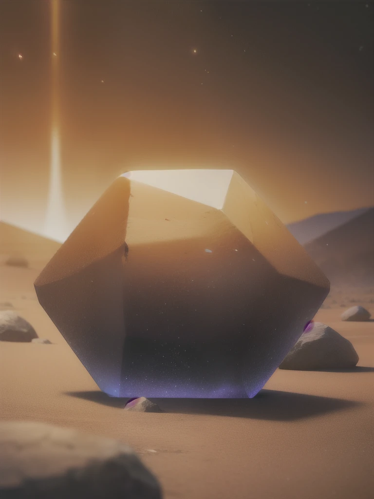 a close up of a large crystal in a desert with rocks, animation style render, atlas, cd cover artwork, orb, flares anamorphic, pierre pellegrini and ash thorp, anamorphic widescreen, platonic solids, space scene, psytrance, movie promotional image, facets