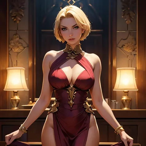 Masterpiece, beautiful:3 young eighteen years old female, blonde short hair, elegant, luxury rich silk sexy dress, noble, perfect skin, perky breasts, fit, in a medieval:1.4 fantasy merchant guild setting, mean, confident, pretentious, snarky, evil, dynami...