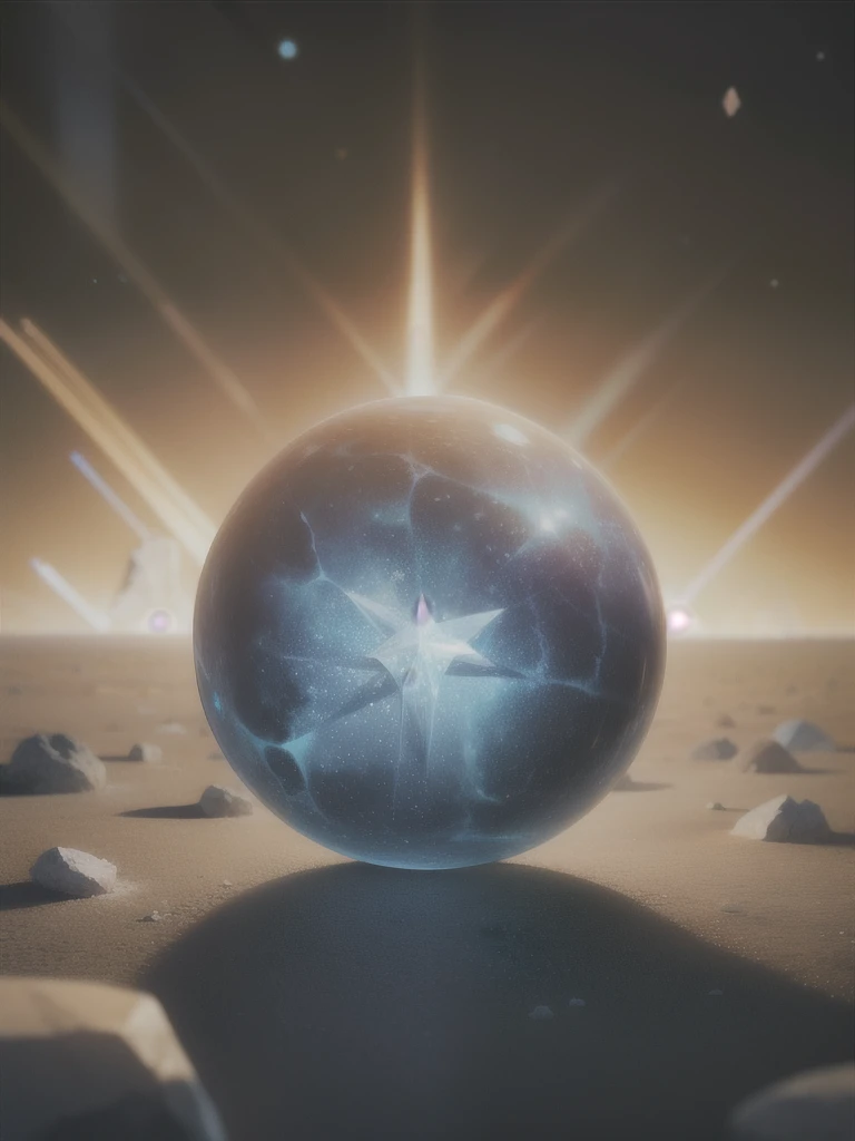 a close up of a large crystal in a desert with rocks, animation style render, atlas, cd cover artwork, orb, flares anamorphic, pierre pellegrini and ash thorp, anamorphic widescreen, platonic solids, space scene, psytrance, movie promotional image, facets