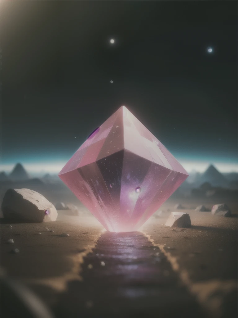 a close up of a large crystal in a desert with rocks, animation style render, atlas, cd cover artwork, orb, flares anamorphic, pierre pellegrini and ash thorp, anamorphic widescreen, platonic solids, space scene, psytrance, movie promotional image, facets