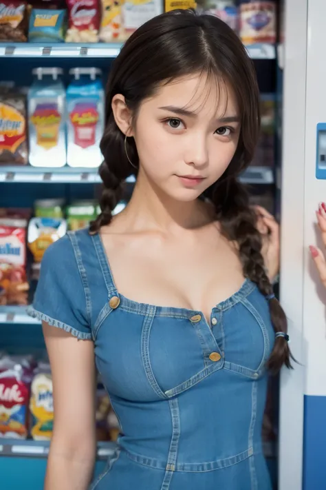 A girl at vending machine, age 20, wearing one-piece dress, denim dress, tight dress, short sleeves, bobbed hair, dark brown hair, braid hair, fair skin, board expression, eye makeup, close mouth, (perspired), facing straight forward, detailed skin, Ample ...