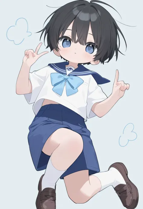 Portrait of 1 young boy doing peace pose on light-blue background (He has short black hair with bangs. He is petite and small. He has dark-blue eyes. He wears a sailor uniform made of white blouse, blue bow, blue shorts, white sock and brown loafers.)