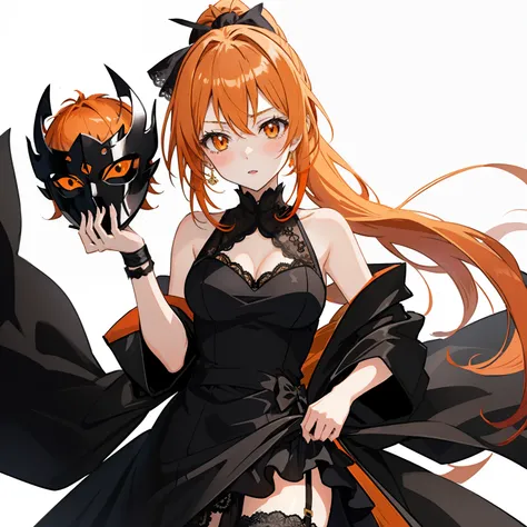 1girl, anime, light_orange_ponytail_hair, orange_eyes, medium_breasts, lace_black_dress, holding_a_mask, white_background, looking_at_viewer