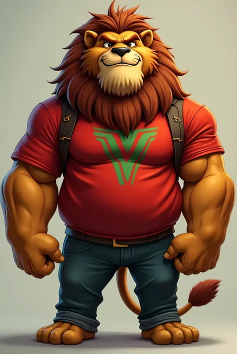  Create a Character 
A big, strong man with a face with lion features 
He is dressed in a red shirt with 3 green stripes that start at the waist and go up to the chest ,there is also a shoulder strap 
He has a mean face and is speaking in a live  
