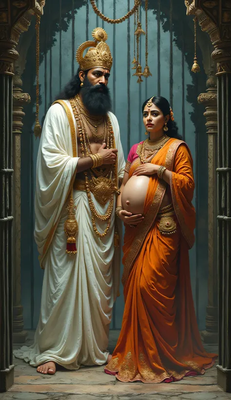 Vasu deva in white robes and crown wearing jewellery and his pregnant wife wearing saree and jewellery placed in a cage room 