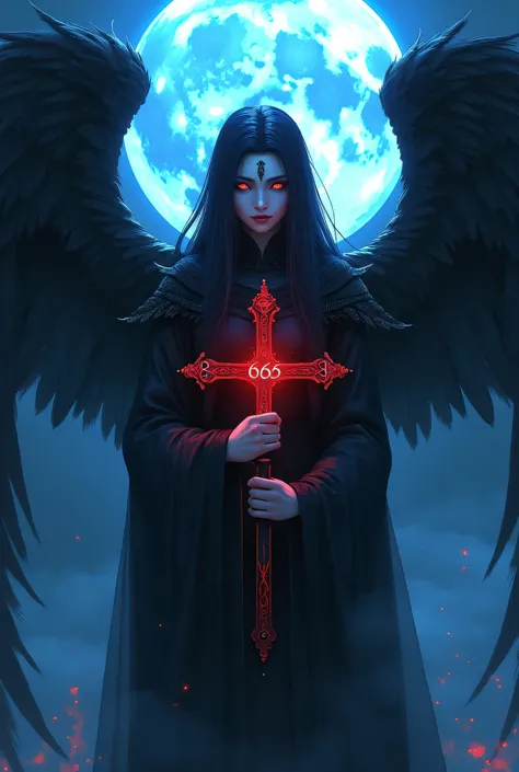 Dark Angel,
red cross,
Number 666,anime,blue moon background