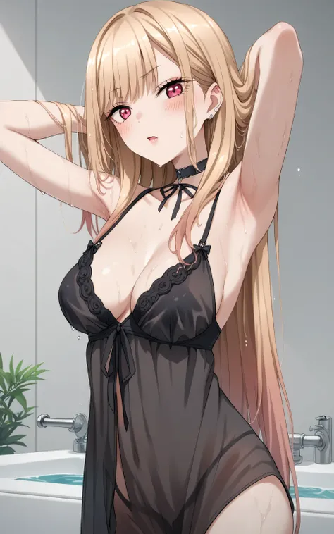 upper body, Kitagawa marin,  anime style, Random Sexy pose , ((Ultra detailing)), (very aesthetic, best quality, ultra detailed), intricate details,
1girl, Long hair,  sharp jawline, long hair, Blush ,(wearing Wearing Black negligee, choker,) Bath room, we...