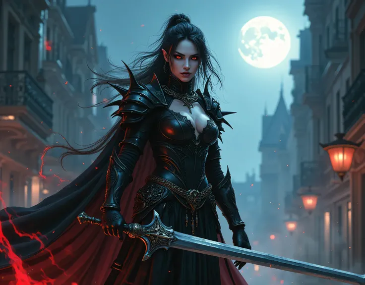 Arafed, dark fantasy art, gothic art, a picture of a vampire ready for battle, female vampire, armed with a sword, wearing heavy armor LnF, armed with a sword, shining sword, ultra detailed face (intricate detailed, Masterpiece, best quality: 1.4), pale sk...