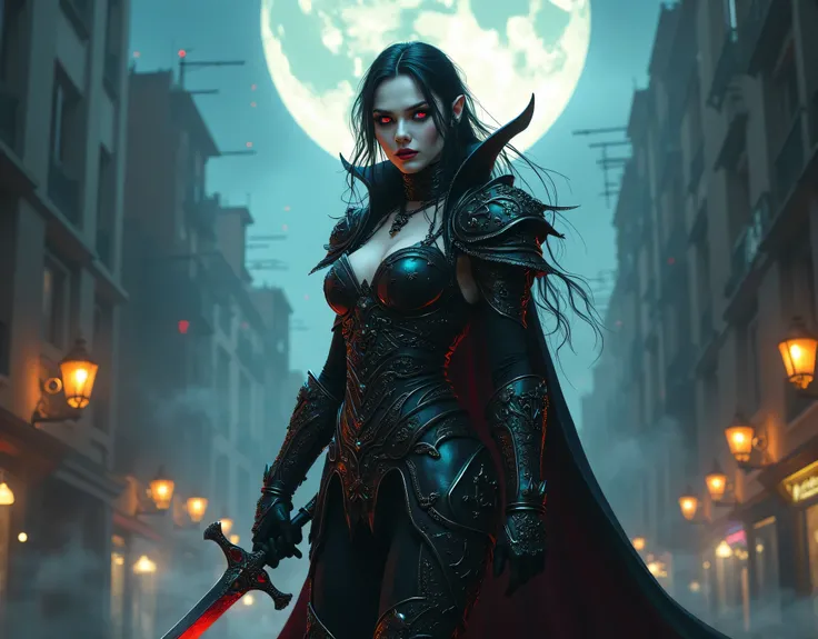 Arafed, dark fantasy art, gothic art, a picture of a vampire ready for battle, female vampire, armed with a sword, wearing heavy armor LnF, armed with a sword, shining sword, ultra detailed face (intricate detailed, Masterpiece, best quality: 1.4), pale sk...