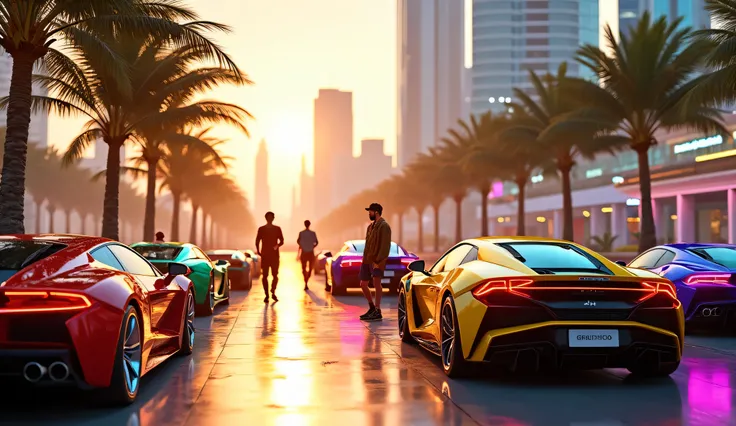 "A futuristic tropical city with neon-lit skyscrapers and palm trees lining the streets. Exotic luxury sports cars in vibrant colors (red, green, blue, purple, and yellow) are parked stylishly, reflecting the bright sunlight. The road is smooth, and the at...