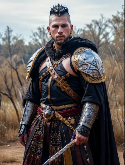 Attila the Hun, white mohawk, beard, diamond earrings, full decorated golden armor, jewelry, highly detailed, photorealistic, 8K, HDR,