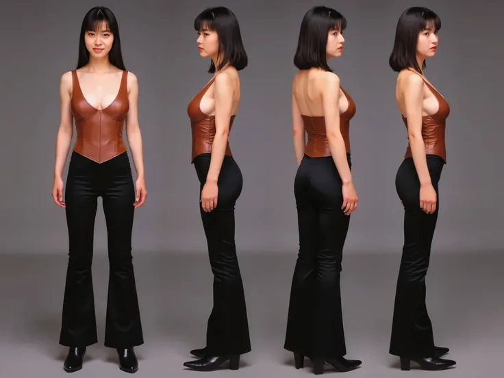 4 poses ,  The same aged brunette woman stands straight, legs shoulder width apart in four poses , 1 front view, 2 side view,  3 rear view and 4 half side view.  Dressed in a brown leather corset and black satin flared pants, wearing vigorous ankle boots w...