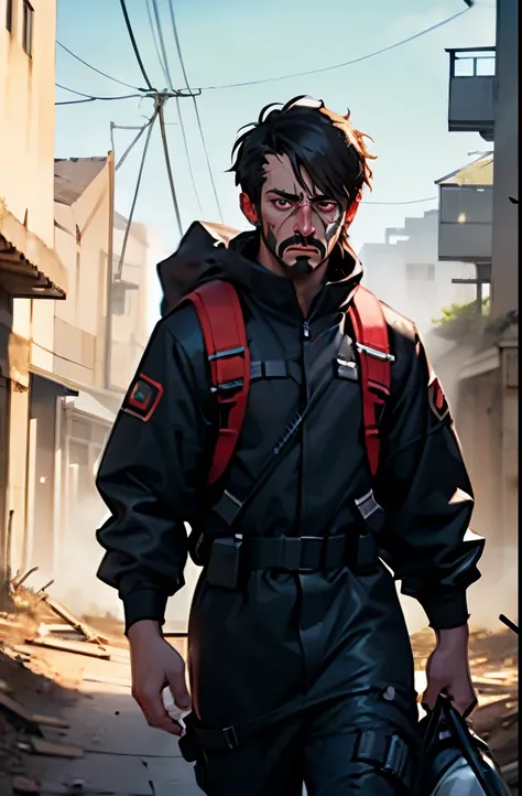 (Best Quality),male,Deserted,Wearing a black radiation protection suit,((bust up shot)), Murderer's Eyes,Carrying a huge backpack at steaming,
,Dark circles under the eyes,Ruins of war in the background,Small in height,Has a look of hatred,