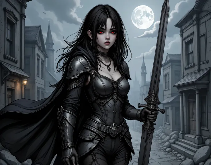 Arafed, dark fantasy art, gothic art, a picture of a vampire ready for battle, female vampire, armed with a sword, wearing heavy armor LnF, armed with a sword, shining sword, ultra detailed face (intricate detailed, Masterpiece, best quality: 1.4), pale sk...