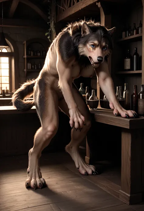 close up shot, [feet: paws:0.5], wild wolf, transformation, morfing into wolf , claws, fur, detailed fur, animal toes, vein, barefoot, short limbs, animal limbs, naked, crying, in pain, slobbering, sharp focus, tavern, in corner, shelf, bottle of Vines ((f...