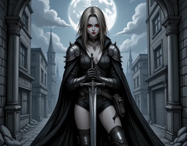 Arafed, dark fantasy art, gothic art, a picture of a vampire ready for battle, female vampire, armed with a sword, wearing heavy armor LnF, armed with a sword, shining sword, ultra detailed face (intricate detailed, Masterpiece, best quality: 1.4), pale sk...