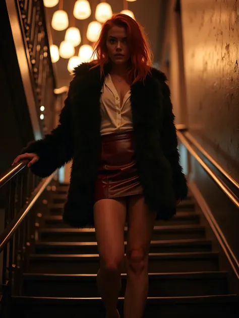 Night. A captivating scene inspired by the 2000s with a sexy and sensual 35 year old red haired model. She wears a black fur jacket, a white shirt and a burgundy leather skirt. The woman is found in the lobby of the Brooklyn Hotel.  He goes up the stairs. ...