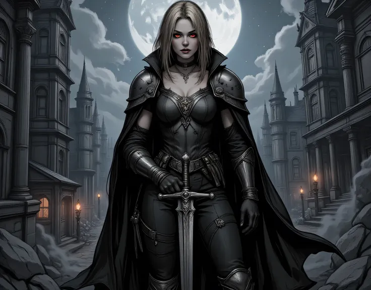 Arafed, dark fantasy art, gothic art, a picture of a vampire ready for battle, female vampire, armed with a sword, wearing heavy armor LnF, armed with a sword, shining sword, ultra detailed face (intricate detailed, Masterpiece, best quality: 1.4), pale sk...