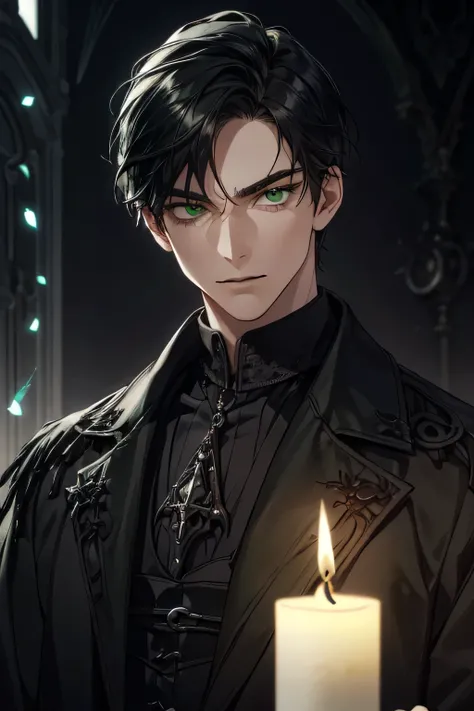 A portrait of a handsome warlock, tall, with short black hair streaked with white at the front. Green eyes. He wears a tailored black high-collared coat over a dark burgundy shirt, with silver embroidery along the edges. A pair of fitted leather gloves cov...