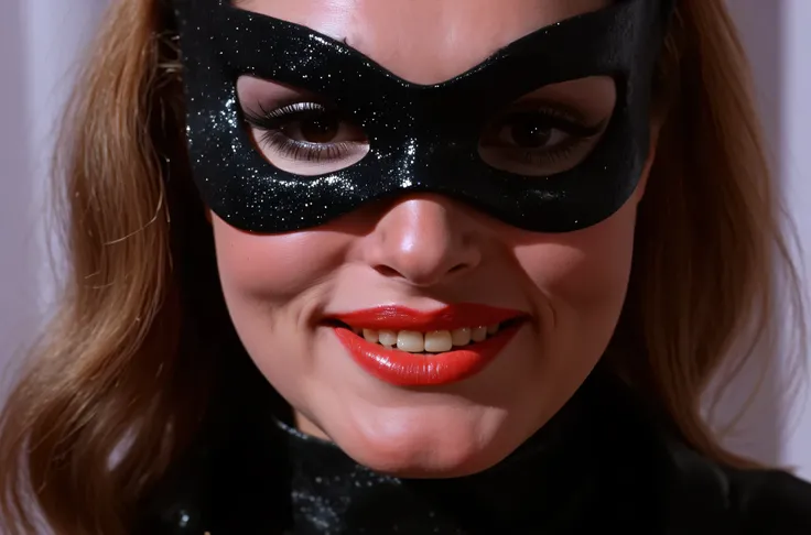  tallulah bankhead,.wearing eye mask, full face only shot, smiling, Dressed in a black tight-fitting , closed to the neck ,  latex metallized catsuit .