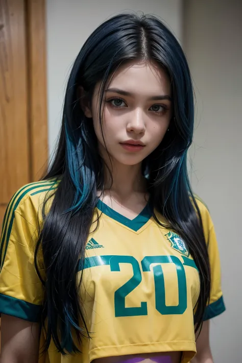 create a Brazilian model, with blue hair, with a normal body, 22 years old, wearing the Brazil shirt