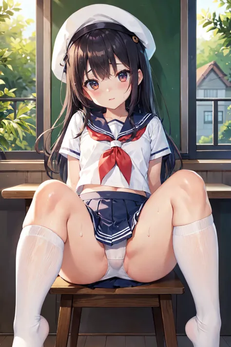    top quality、      Max Image Quality 、     top quality、   cinematic lighting 、 smaller panties、  girls in sailor suits、 school classroom、( thighs:1.5)、 crotch out in the bush、 spread your legs、 sweaty、 open、