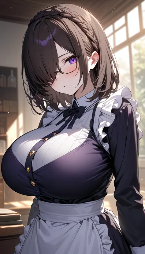 (masterpiece, Highest quality:1.2), (1girl), alone, ((medium hair)), ((dark brown hair)), (straight hair), ((hair over face)), (hair over one eye), (hair over right eye), (black maid dress), white apron, long sleeves, (purple eyes), (huge breast), high det...