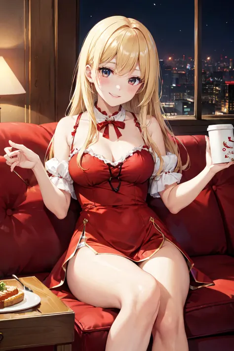    top quality、      Max Image Quality 、     top quality、   cinematic lighting 、Woman drinking coffee while sitting on sofa、( blonde)、smile、 relax、 gorgeous dress、 red panties