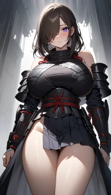 (masterpiece, Highest quality:1.2), (masterpiece, Highest quality:1.2), (1girl), alone, ((medium hair)), ((dark brown hair)), (straight hair), ((hair over face)), (hair over one eye), (hair over right eye), (), (purple eyes), (huge breast), (samurai armor)...